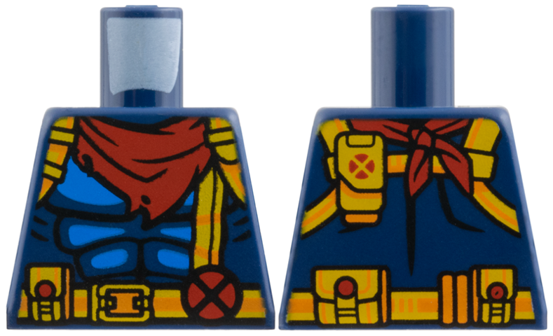 Lego Torso Super Hero Costume with Blue Muscles, Harness and Belt with Pouches, Buckle and X-Men Logo, Red Neckerchief Scarf Pattern / Dark Blue