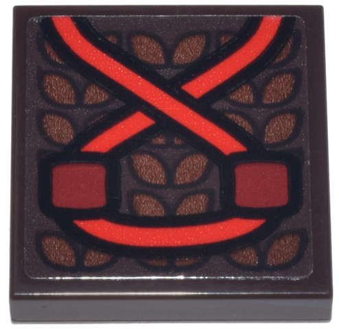 Lego Tile 2 x 2 with Dark Red and Red Crossed Strap on Reddish Brown Leaf Pattern (Sticker) - Set 76341 / Dark Brown