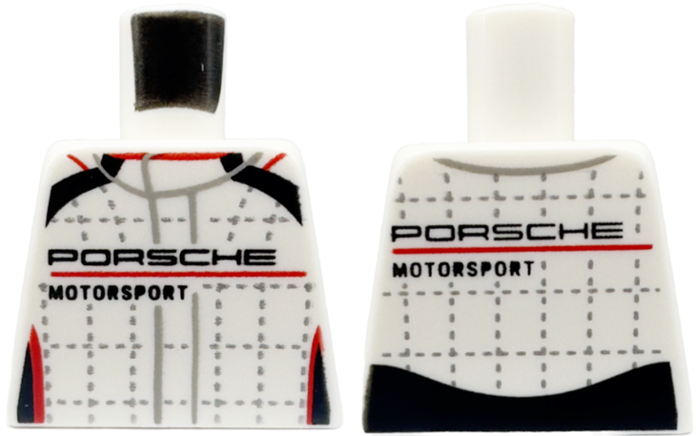 Lego Torso Racing Suit with 'PORSCHE MOTORSPORT', Black and Red Stripes, and Silver Lines and Stitching Pattern / White