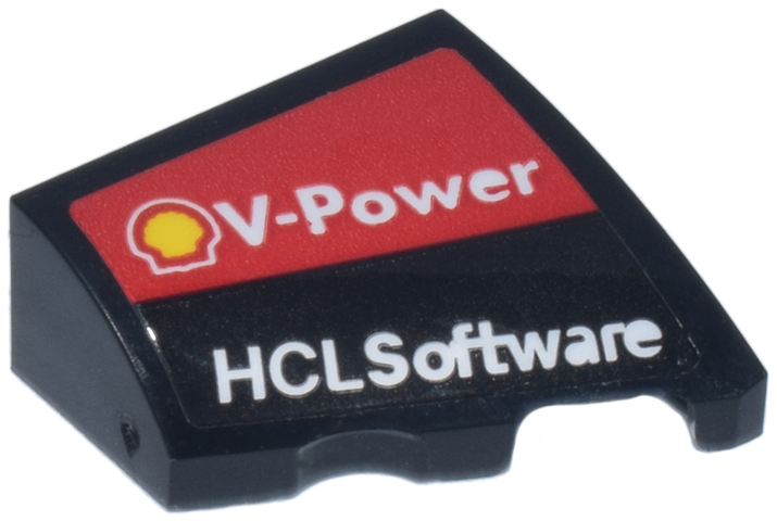Lego Wedge 2 x 2 x 2/3 Right with White 'V-Power' and Yellow Shell on Red Background and 'HCLSoftware' Logo Pattern (Sticker) - Set 77242 / Black