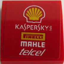 Lego Slope, Curved 2 x 2 x 2/3 with Shell Logo, 'KASPERSKY lab', Pirelli Logo, 'MAHLE', and 'telcel' Pattern (Sticker) - Set 75879 / Red