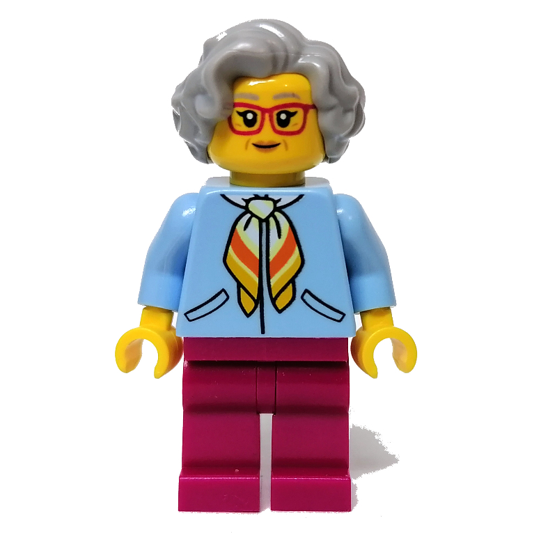Lego Woman, Bright Light Blue Jacket, Magenta Legs, Light Bluish Gray Hair, Red Glasses