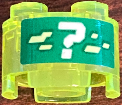 Lego Brick, Round 2 x 2 with Axle Hole with White Question Mark and Yellowish Green Pixels on Green Background Pattern (Sticker) - Set 71709 / Trans-Neon Green