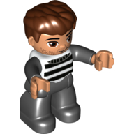 Lego Duplo Figure with Thick Hair Combed Forward, with Black and White Stripes, Prison Shirt Print