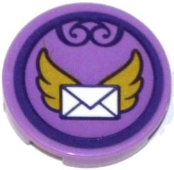 Lego Tile, Round 2 x 2 with Bottom Stud Holder with Envelope with Gold Wings in Dark Purple Circle Pattern (Sticker) - Set 41176