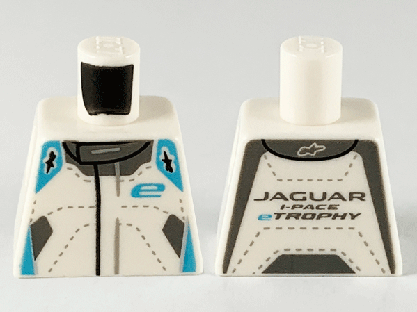 Lego Torso Speed Champions Jumpsuit, Medium Azure Shoulders, 'e' and Dark Bluish Gray Collar Pattern / White