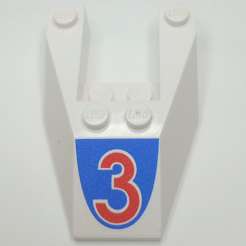 Lego Brick Wedged, Sloped 6 x 4 Cutout, No Stud Notches with Red '3' Print / White