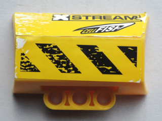 Lego Technic, Panel Engine Block Half / Side Intake with 'XSTREAM', 'CELLFISH', Black and Yellow Danger Stripes Pattern Model Left Side (Stickers) - Set 8490 / Yellow
