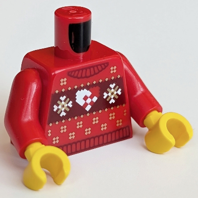 Lego Torso, Christmas Sweater, White Snowflakes and Heart Print, Red Arms, Yellow Hands