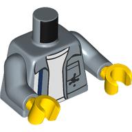 Lego Torso, Open Jacket, Black Stain, White/Dark Blue Stripe, White Shirt Print, Sand Blue Arms, Yellow Hands