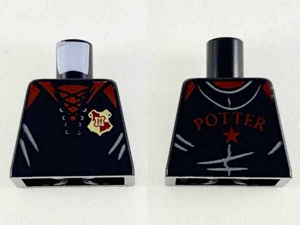 Lego Torso Jacket with Hood and Laces, Dark Red Collar, Shoulders and Gryffindor Badge, 'POTTER' and Star on Back Pattern / Black
