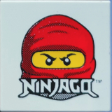 Lego Tile 2 x 2 with Red and Yellow Kai Minifigure Head and 'NINJAGO' Pattern / White