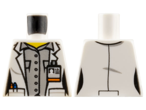 Lego Torso Female Lab Coat Open with Pockets and ID Badge over Light Bluish Gray Button Up Shirt, Yellow Neck Pattern / White