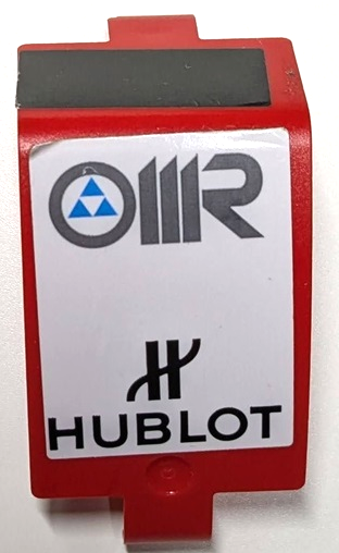 Lego Technic, Panel Curved 3 x 5 x 3 with 'OMR', 'HUBLOT' and Black Rectangle Pattern (Stickers) - Set 42125 / Red