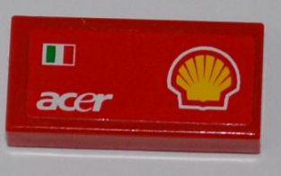 Lego Tile 1 x 2 with Italian Flag, 'acer' and Shell Logo Pattern Model Right Side (Sticker) - Set 8123 / Red