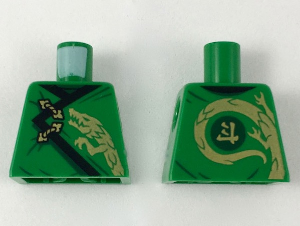 Lego Torso Ninjago Robe with Black Hem, Gold Clasps and Dragon Head Pattern / Green