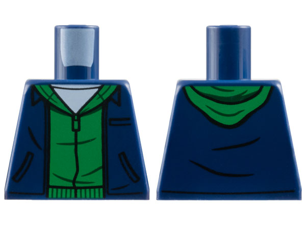 Lego Torso Jacket with Black Pockets over Green Hoodie, White Shirt Pattern / Dark Blue