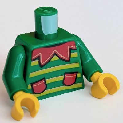 Lego Torso Jacket with Lime Stripes, Red Collar and Pockets Print (Elf), Green Arms, Yellow Hands / Green