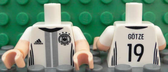 Lego Torso Soccer Shirt with Adidas Logo, 4 Stars and Eagle Front, 'GÖTZE 19' Back Pattern / Light Nougat Arms with Molded White Short Sleeves Pattern / Light Nougat Hands