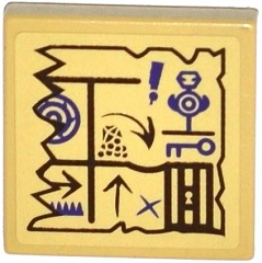 Lego Tile 2 x 2 with Map Arrows, Exclamation Mark, Key and Jail Door Pattern (Sticker) - Set 70749 / Tan