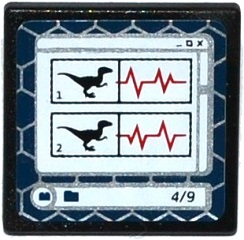 Lego Road Sign 2 x 2 Square with Open O Clip with Raptor Dinosaur Silhouettes, Heart Monitor Lines, and '4/9' on Computer Screen Pattern (Sticker) - Set 75917 / Black