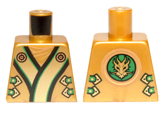Lego Torso Ninjago Robe with Black, Green, and Gold Trim, Straps, Clasps, Dragon Head in Circle on Back Pattern / Pearl Gold