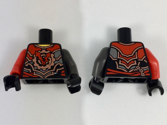 Lego Torso Ninjago Black, Red, Dark Silver, Silver and Copper Armor with Red Clock Hands, Yellow Neck Pattern / Pearl Dark Gray Arm Left / Red Arm Right / Black Hands