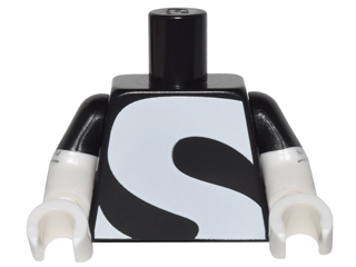 Lego Torso with Large White Letter S Pattern / White Arms with Black Short Sleeves and Silver Trim Pattern / White Hands