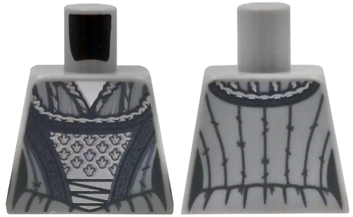 Lego Torso Female Dress with Silver Stripes with Dots and Lines, Silver Lace Front Panel with Leaves, White Neck Pattern / Light Bluish Gray