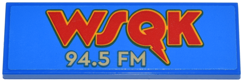 Lego Tile 2 x 6 with Red and Bright Light Orange 'WSQK' and Tan '94.5 FM' Pattern (Sticker) - Set 11370