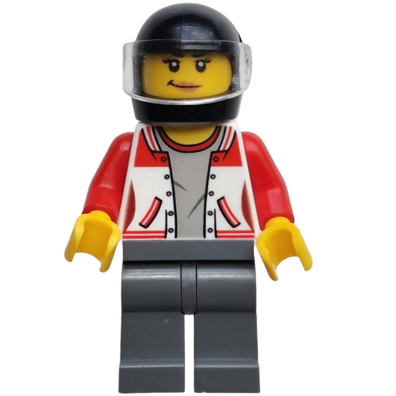 Lego Woman, Red and White Letterman Jacket, Dark Bluish Gray Legs, Black Helmet with Visor