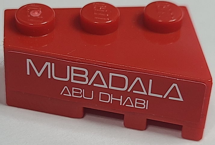 Lego Wedge 3 x 2 Left with White 'MUBADALA ABU DHABI' on Red Background Pattern (Sticker) - Set 8157 / Red
