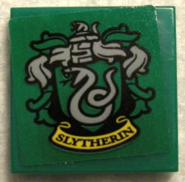 Lego Tile 2 x 2 with HP 'SLYTHERIN' House Crest on Green Background Pattern (Sticker) - Set 75956