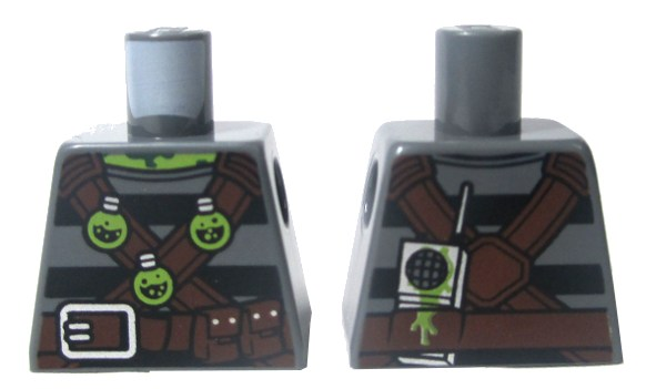 Lego Torso Shirt with Black Stripes, Brown Belts with Pockets and 3 Lime Toxic Bulbs Pattern / Dark Bluish Gray