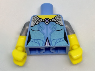 Lego Torso Dress with Yellow Neck, Lavender Shoulders and Metallic Trim Pattern / Yellow Arms with Flat Silver Short Sleeves with Flower / Yellow Hands