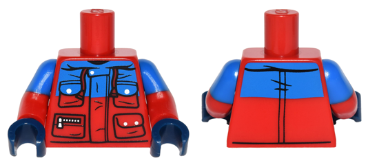 Lego Torso Winter Jacket with Blue Panel, 4 Pockets with Snaps and Zipper Pattern / Red Arms with Molded Blue Short Sleeves Pattern / Dark Blue Hands