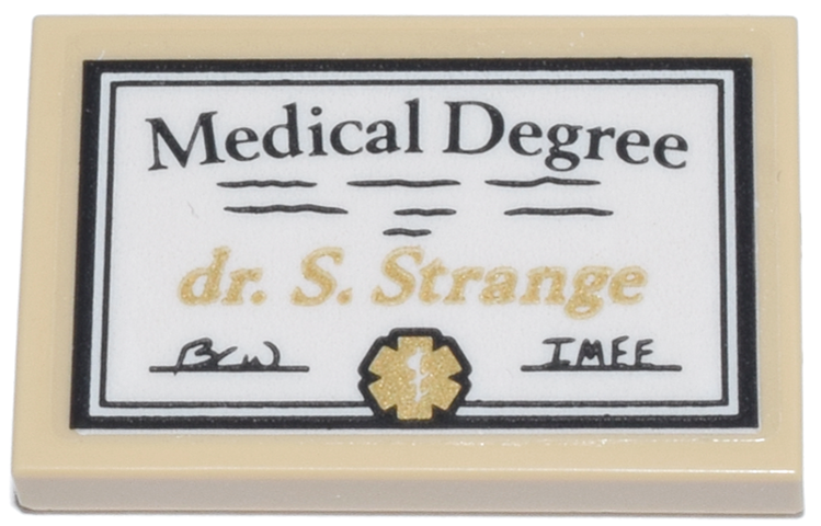 Lego Tile 2 x 3 with White Diploma, Black 'Medical Degree' and Signatures, Gold 'dr. S. Strange' and Seal Pattern (Sticker) - Set 76218