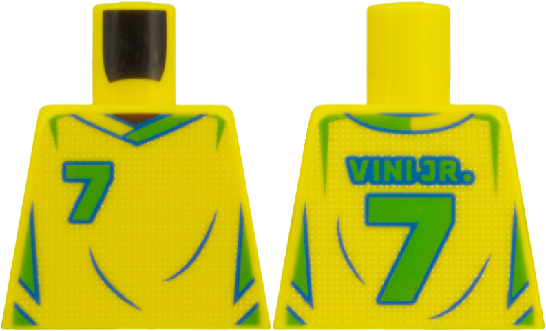 Lego Torso Soccer / Football Jersey Brazil, Mesh, Bright Green and Blue Trim, Number 7 and 'VINI JR.' Pattern / Yellow