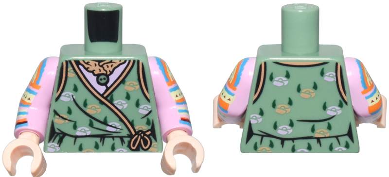 Lego Torso Female Robe with Nougat and Lavender Flowers and Trim and Dark Green Leaves Pattern / Bright Pink Arms with Crochet Stripes Pattern / Light Nougat Hands