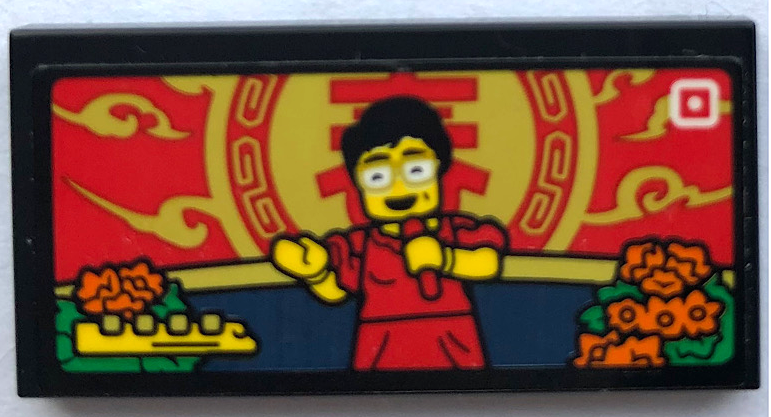 Lego Tile 2 x 4 with Singing Minifigure with Red Microphone and Orange Flowers Pattern (Sticker) - Set 80108 / Black