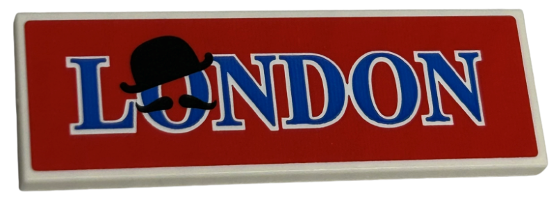 Lego Tile 2 x 6 with Blue 'LONDON', Black Bowler Hat and Moustache on Red Background Pattern (Sticker) - Set 40569 / White