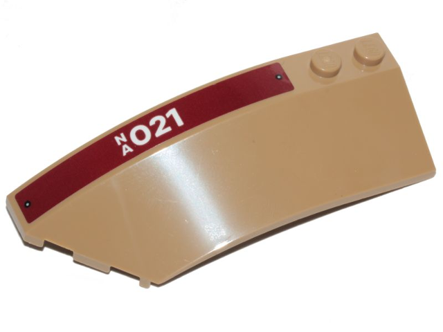 Lego Wedge 8 x 3 x 2 Open Left with White 'NA021' on Dark Red Stripe Pattern (Sticker) - Set 76208 / Dark Tan