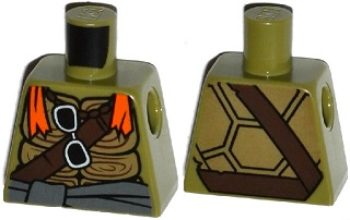 Lego Torso Turtle Shell with Dark Brown Belts, Sunglasses and Orange Bandana Pattern / Olive Green