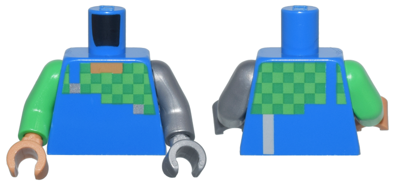 Lego Torso Pixelated Overalls and Green and Bright Green Checkered Shirt Pattern / Flat Silver Arm Left / Bright Green Arm Right / Flat Silver Hand Left / Medium Nougat Hand Right