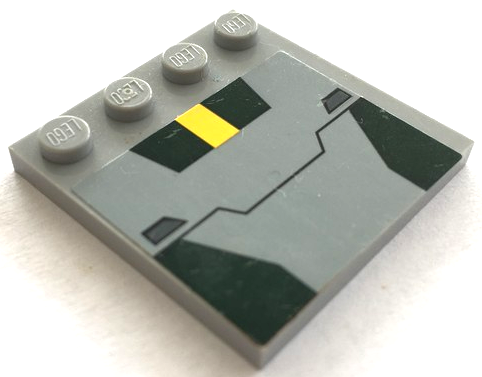 Lego Tile, Modified 4 x 4 with Studs on Edge with SW A-wing Dark Green and Yellow Markings and Hull Plates Pattern (Sticker) - Set 75150 / Light Bluish Gray