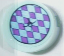 Lego Tile, Round 2 x 2 with Bottom Stud Holder with Cushion with Medium Lavender and Metallic Light Blue Diamonds and Black Button Pattern (Sticker) - Set 43215