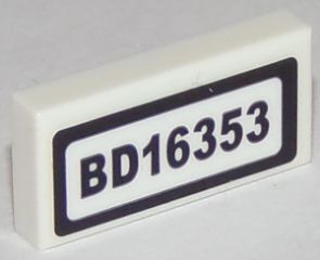 Lego Tile 1 x 2 with Black 'BD16353' Pattern (Sticker) - Set 60119 / White