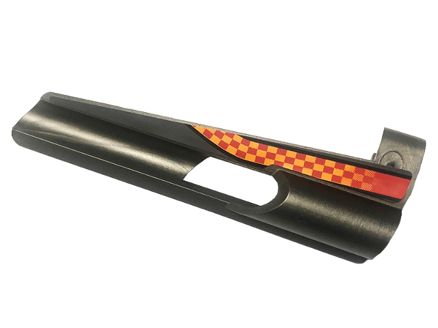 Lego Technic, Panel Fairing # 7 Small Long, Large Hole, Side A with Small Red and Orange Checkered Pattern (Sticker) - Set 8473