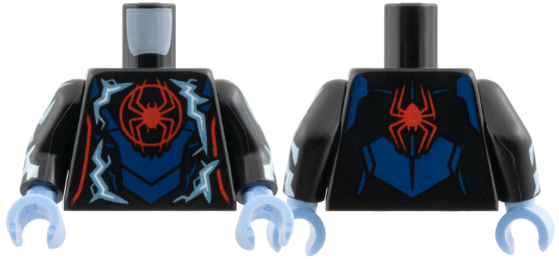 Lego Torso Red Spider in Circle, Metallic Light Blue and White Electricity, Dark Blue Armor Panels Pattern / Black Arms with Metallic Light Blue and White Electricity Pattern / Bright Light Blue Hands