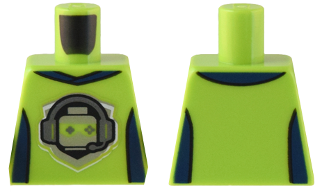 Lego Torso T-Shirt with Gaming Logo Minifigure Head with Headset and Game Controller Sunglasses, Dark Blue Collar and Side Panels Pattern / Lime